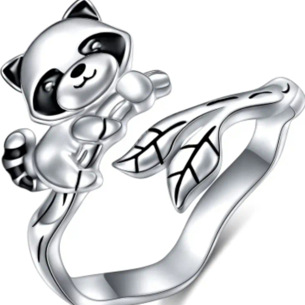 White Gold Plated Love You Forever Raccoon Open Ring Adjustable